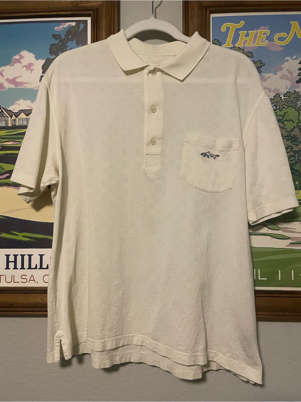 Vintage Greg Norman Polo Shirt Ivory Checker Jacquard Pocket Golf Adult Large